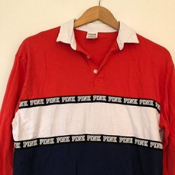 PINK VS VICTORIA'S SECRET Rugby Button Up Tee Red Navy Colorblock Long Sleeve XS - Picture 4 of 9
